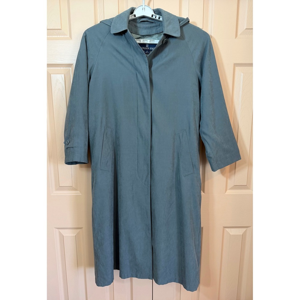 London Fog Vintage Trench Coat Gray Hood Belted Zip Liner M Petite Rain Jacket